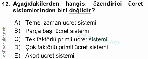 12. soru: Aşağıdakilerden hangisi özendirici ücret sistemlerinden biri değildir? A) Temel zaman ücret sistemi B) Parça başı ücr…