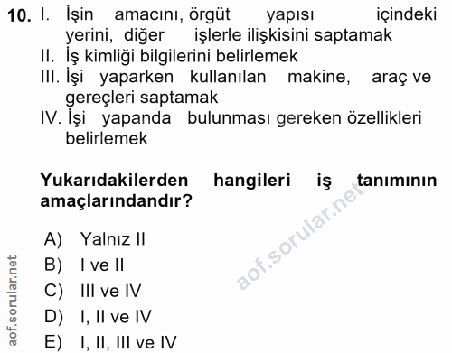 10. soru: 1. İşin amacını, örgüt yapisı içindeki yerini, diger işlerle ilişkisini saptamak II. Iş kimliği bilgilerini belirleme…