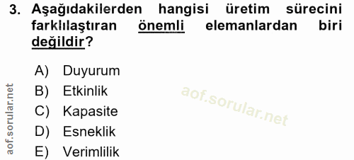 3. soru: Aşağıdakilerden hangisi üretim sürecini farklılaştıran önemli elemanlardan biri değildir? A) Duyurum B) Etkinlik C) K…