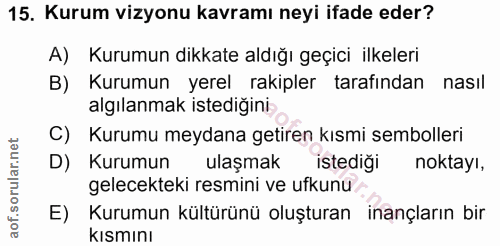15. soru: Kurum vizyonu kavramı neyi ifade eder? A) Kurumun dikkate aldığı geçici ilkeleri B) Kurumun yerel rakipler tarafından…