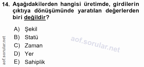 14. soru: Aşağıdakilerden hangisi üretimde, girdilerin çıktıya dönüşümünde yaratılan değerlerden biri değildir? A) Şekil B) Sta…