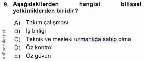 9. soru: Aşağıdakilerden hangisi bilişsel yetkinliklerden biridir? A) Takım çalışması B) İş birliği ar. C) Teknik ve mesleki u…