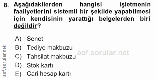 8. soru: Aşağıdakilerden hangisi işletmenin faaliyetlerini sistemli bir şekilde yapabilmesi için kendisinin yarattığı belgeler…