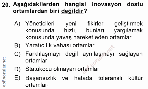20. soru: Aşağıdakilerden hangisi inovasyon dostu ortamlardan biri değildir? A) Yöneticileri yeni fikirler geliştirmek konusund…