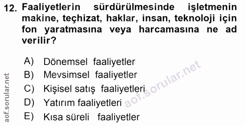 12. soru: Faaliyetlerin sürdürülmesinde işletmenin makine, teçhizat, haklar, insan, teknoloji için fon yaratmasına veya harcama…