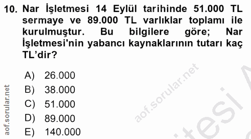 10. soru: Nar İşletmesi 14 Eylül tarihinde 51.000 TL sermaye ve 89.000 TL varlıklar toplamı ile kurulmuştur. Bu bilgilere göre;…