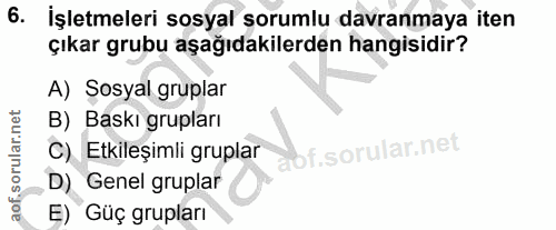 6. soru: İşletmeleri sosyal sorumlu davranmaya iten çıkar grubu aşağıdakilerden hangisidir? A) Sosyal gruplar B) Baskı gruplar…