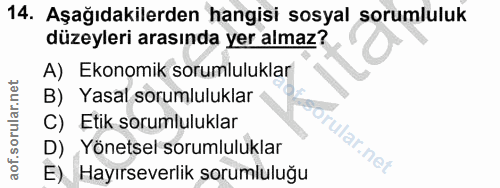 14. soru: Aşağıdakilerden hangisi sosyal sorumluluk düzeyleri arasında yer almaz? A) Ekonomik sorumluluklar B) Yasal sorumluluk…