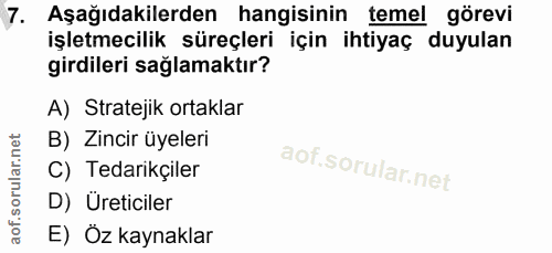 7. soru: Aşağıdakilerden hangisinin temel görevi işletmecilik süreçleri için ihtiyaç duyulan girdileri sağlamaktır? A) Stratej…