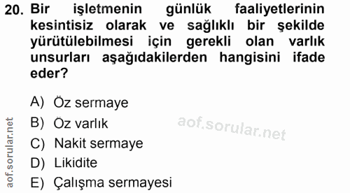 20. soru: Bir işletmenin günlük faaliyetlerinin kesintisiz olarak ve sağlıklı bir şekilde yürütülebilmesi için gerekli olan var…