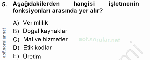 5. soru: Aşağıdakilerden hangisi işletmenin fonksiyonları arasında yer alır? A) Verimlilik B) Doğal kaynaklar C) Mal ve hizmet…