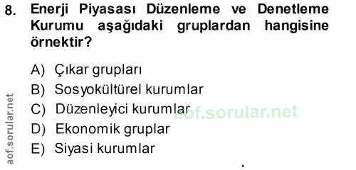 8. soru: Enerji Piyasası Düzenleme ve Denetleme Kurumu aşağıdaki gruplardan hangisine örnektir? A) Çıkar grupları B) Sosyokült…