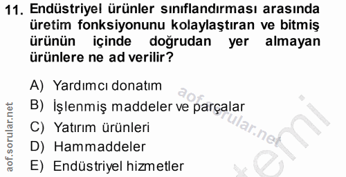 11. soru: Endüstriyel ürünler sınıflandırması arasında üretim fonksiyonunu kolaylaştıran ve bitmiş ürünün içinde doğrudan yer a…