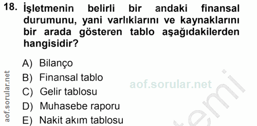 18. soru: İşletmenin belirli bir andaki finansal durumunu, yani varlıklarını ve kaynaklarını bir arada gösteren tablo aşağıdaki…