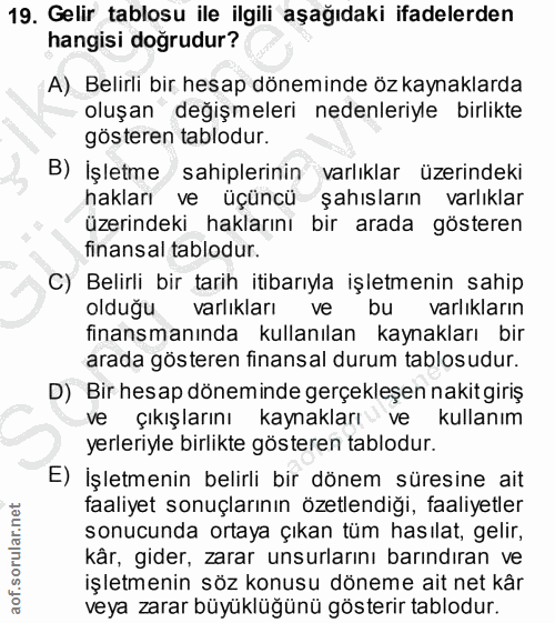 19. soru: Gelir tablosu ile ilgili aşağıdaki ifadelerden hangisi doğrudur? A) Belirli bir hesap döneminde öz kaynaklarda oluşan…