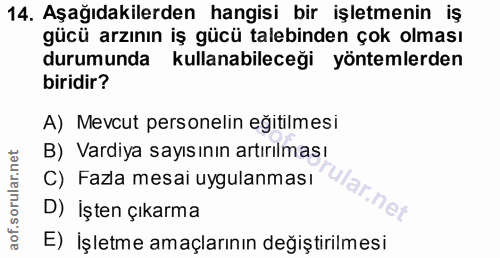14. soru: Aşağıdakilerden hangisi bir işletmenin iş gücü arzının iş gücü talebinden çok olması durumunda kullanabileceği yöntem…