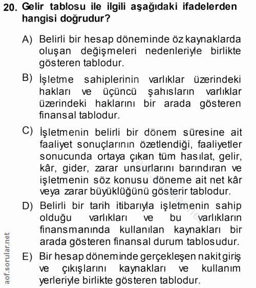 20. soru: Gelir tablosu ile ilgili aşağıdaki ifadelerden hangisi doğrudur? A) Belirli bir hesap döneminde öz kaynaklarda oluşan…