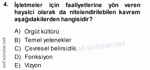 4. soru: İşletmeler için faaliyetlerine yön veren hayalci olarak da nitelendirilebilen kavram aşağıdakilerden hangisidir? A) Ö…