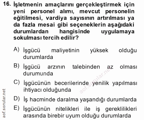 16. soru: İşletmenin amaçlarını gerçekleştirmek için yeni personel alımı, mevcut personelin eğitilmesi, vardiya sayısının artır…