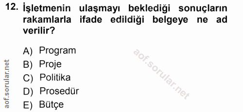 12. soru: İşletmenin ulaşmayı beklediği sonuçların rakamlarla ifade edildiği belgeye ne ad verilir? A) Program rular.net B) Pro…