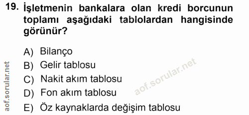 19. soru: İşletmenin bankalara olan kredi borcunun toplamı aşağıdaki tablolardan hangisinde görünür? A) Bilanço B) Gelir tablos…