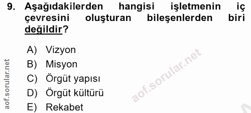 9. soru: Aşağıdakilerden hangisi işletmenin iç çevresini oluşturan bileşenlerden biri değildir? A) Vizyon B) Misyon C) Örgüt y…