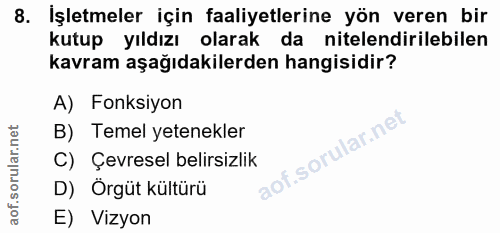 8. soru: İşletmeler için faaliyetlerine yön veren bir kutup yıldızı olarak da nitelendirilebilen kavram aşağıdakilerden hangis…