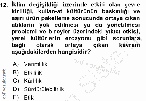 12. soru: İklim değişikliği üzerinde etkili olan çevre kirliliği, kullan-at kültürünün baskınlığı ve aşırı ürün paketleme sonuc…