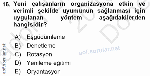 16. soru: Yeni çalışanların organizasyona etkin ve verimli şekilde uyumunun sağlanması için uygulanan yöntem aşağıdakilerden ha…