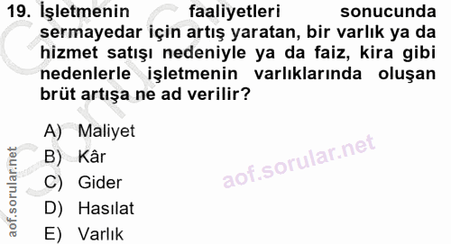 19. soru: İşletmenin faaliyetleri sonucunda sermayedar için artış yaratan, bir varlık ya da hizmet satışı nedeniyle ya da faiz,…