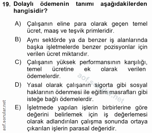 19. soru: Dolaylı ödemenin tanımı aşağıdakilerden hangisidir? A) Çalışanın eline para olarak geçen temel ücret, maaş ve teşvik…