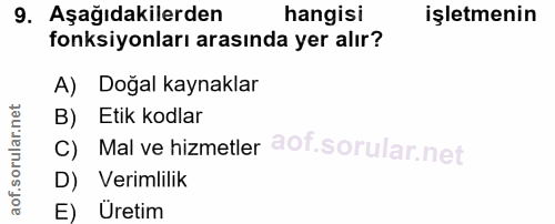 9. soru: Aşağıdakilerden hangisi işletmenin fonksiyonları arasında yer alır? A) Doğal kaynaklar B) Etik kodlar C) Mal ve hizme…