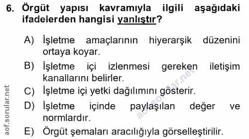 6. soru: Örgüt yapısı kavramıyla ilgili aşağıdaki ifadelerden hangisi yanlıştır? A) Işletme amaçlarının hiyerarşik düzenini or…