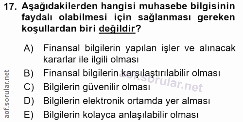 17. soru: Aşağıdakilerden hangisi muhasebe bilgisinin faydalı olabilmesi için sağlanması gereken koşullardan biri değildir? A)…