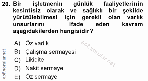 20. soru: Bir işletmenin günlük faaliyetlerinin kesintisiz olarak ve sağlıklı bir şekilde yürütülebilmesi için gerekli olan var…