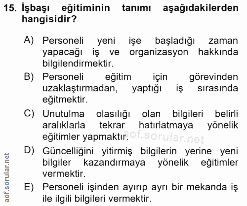 15. soru: İşbaşı eğitiminin tanımı aşağıdakilerden hangisidir? A) Personeli yeni işe başladığı zaman yapacağı iş ve organizasyo…
