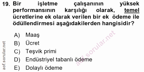 19. soru: Bir işletme çalışanının yüksek performansının karşılığı olarak, temel ücretlerine ek olarak verilen bir ek ödeme ile…