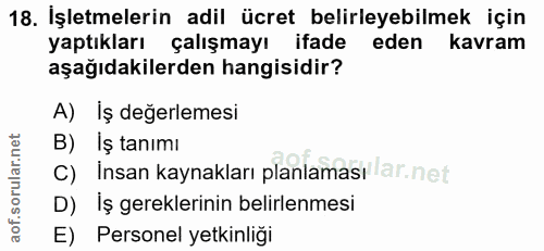 18. soru: İşletmelerin adil ücret belirleyebilmek için yaptıkları çalışmayı ifade eden kavram aşağıdakilerden hangisidir? A) İş…