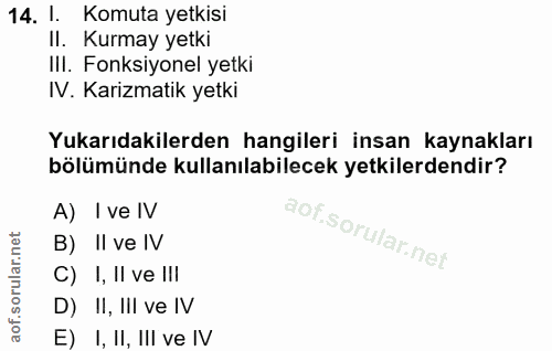 14. soru: 1. Komuta yetkisi II. Kurmay yetki IlI. Fonksiyonel yetki IV. Karizmatik yetki Yukarıdakilerden hangileri insan kayna…