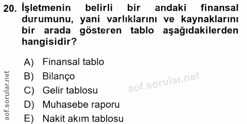 20. soru: İşletmenin belirli bir andaki finansal durumunu, yani varlıklarını ve kaynaklarını bir arada gösteren tablo aşağıdaki…