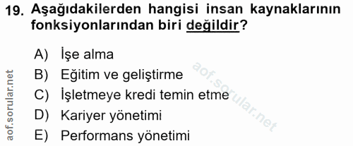 19. soru: Aşağıdakilerden hangisi insan kaynaklarının fonksiyonlarından biri değildir? A) Işe alma B) Eğitim ve geliştirme C) I…