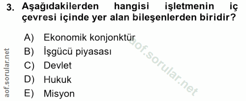 3. soru: Aşağıdakilerden hangisi işletmenin iç çevresi içinde yer alan bileşenlerden biridir? A) Ekonomik konjonktür B) İşgücü…