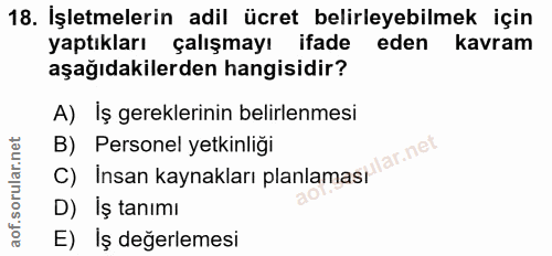 18. soru: İşletmelerin adil ücret belirleyebilmek için yaptıkları çalışmayı ifade eden kavram aşağıdakilerden hangisidir? A) Iş…