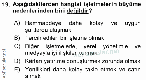 19. soru: Aşağıdakilerden hangisi işletmelerin büyüme nedenlerinden biri değildir? A) Hammaddeye daha kolay ve uygun şartlarda…
