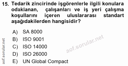 15. soru: Tedarik zincirinde işgörenlerle ilgili konulara odaklanan, çalışanları ve iş yeri çalışma kosullarını iceren uluslara…