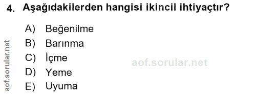 4. soru: Aşağıdakilerden hangisi ikincil ihtiyaçtır? A) Beğenilme rular.net B) Barınma C) Içme aof.s D) Yeme E) Uyuma