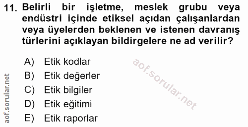 11. soru: Belirli bir işletme, meslek grubu veya endüstri içinde etiksel açıdan çalışanlardan veya üyelerden beklenen ve istene…