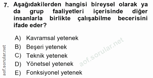 7. soru: Aşağıdakilerden hangisi bireysel olarak ya da grup faaliyetleri içerisinde diğer insanlarla birlikte çalışabilme bece…