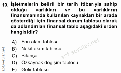 19. soru: İşletmelerin belirli bir tarih itibarıyla sahip olduğu varlikları ve varlıkların finansmanında kullanılan kaynakları…