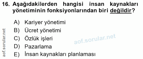 16. soru: Aşağıdakilerden hangisi insan kaynakları yönetiminin fonksiyonlarından biri değildir? A) Kariyer yönetimi B) Ücret yö…